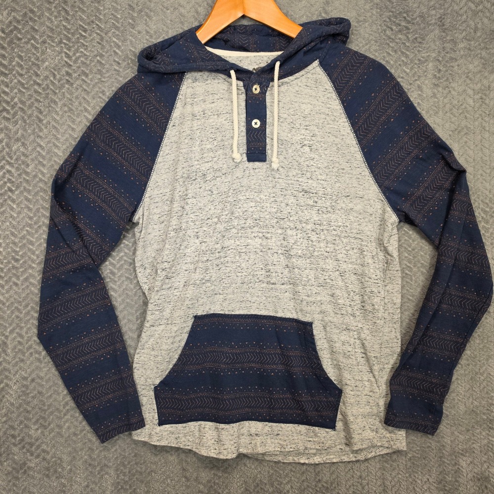 Arizona Jean Co Mens Henley Hoodie Grey Navy Blue Geometric Raglan Size L